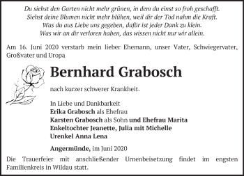 Traueranzeige von Bernhard Grabosch von Märkische Oderzeitung