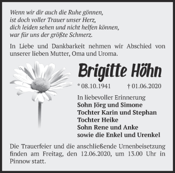 Traueranzeige von Brigitte Höhn von Märkische Oderzeitung