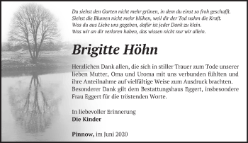 Traueranzeige von Brigitte Höhn von Märkische Oderzeitung