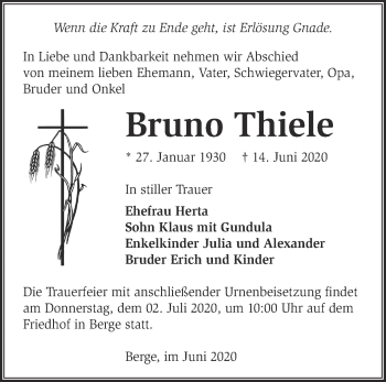 Traueranzeige von Bruno Thiele von Märkische Oderzeitung