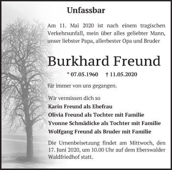 Traueranzeige von Burkhard Freund von Märkische Oderzeitung