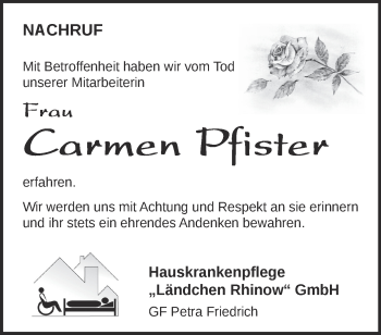 Traueranzeige von Carmen Pfister von Märkische Oderzeitung