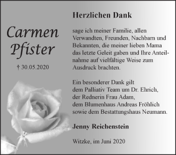 Traueranzeige von Carmen Pfister von Märkische Oderzeitung