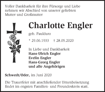 Traueranzeige von Charlotte Engler von Märkische Oderzeitung