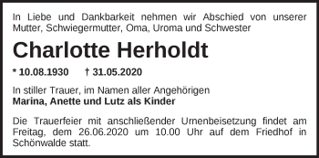 Traueranzeige von Charlotte Herholdt von Märkische Oderzeitung