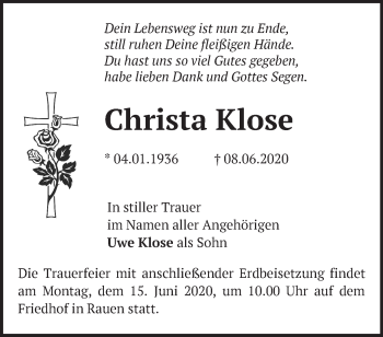 Traueranzeige von Christa Klose von Märkische Oderzeitung