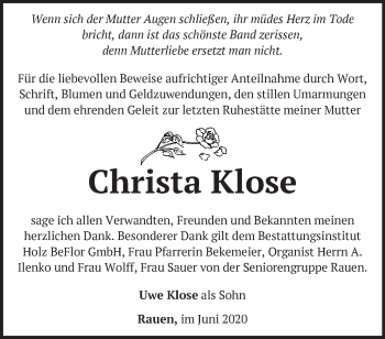 Traueranzeige von Christa Klose von Märkische Oderzeitung