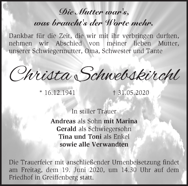 Traueranzeigen Von Christa Schwebskirchl Märkische Onlinezeitung Trauerportal 