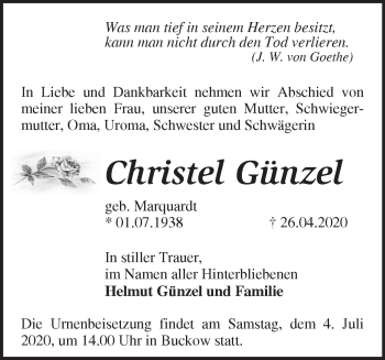 Traueranzeige von Christel Günzel von Märkische Oderzeitung