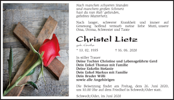 Traueranzeige von Christel Lietz von Märkische Oderzeitung