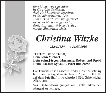 Traueranzeige von Christina Witzke von Märkische Oderzeitung