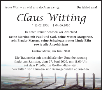 Traueranzeige von Claus Witting von Märkische Oderzeitung