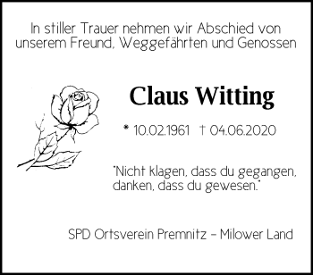 Traueranzeige von Claus Witting von Märkische Oderzeitung