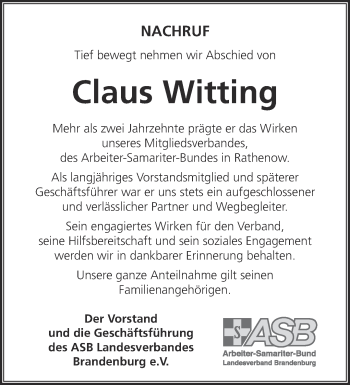 Traueranzeige von Claus Witting von Märkische Oderzeitung