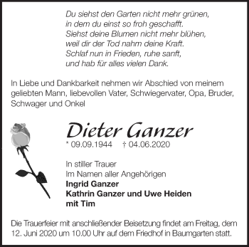 Traueranzeige von Dieter Ganzer von Märkische Oderzeitung