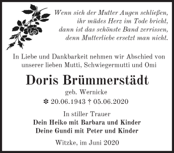 Traueranzeige von Doris Brümmerstädt von Märkische Oderzeitung