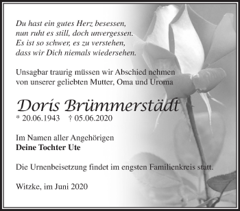 Traueranzeige von Doris Brümmerstädt von Märkische Oderzeitung