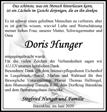 Traueranzeige von Doris Hunger von Märkische Oderzeitung