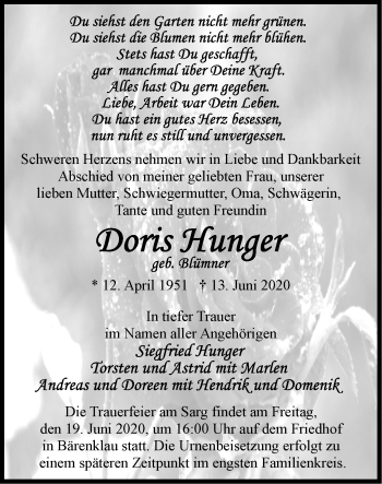 Traueranzeige von Doris Hunger von Märkische Oderzeitung