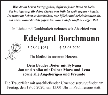 Traueranzeige von Edelgard Borchmann von Märkische Oderzeitung