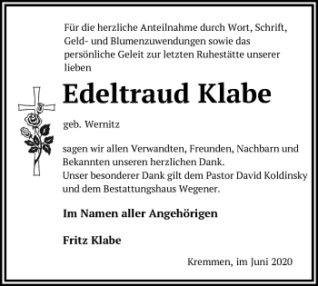 Traueranzeige von Edeltraud Klabe von Märkische Oderzeitung