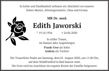 Traueranzeige von Edith Jaworski von Märkische Oderzeitung