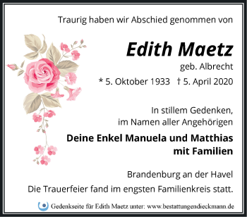 Traueranzeige von Edith Maetz von Märkische Oderzeitung