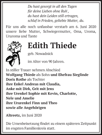 Traueranzeige von Edith Thiede von Märkische Oderzeitung