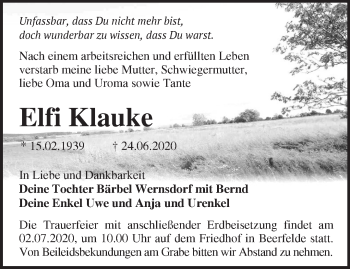 Traueranzeige von Elfi Klauke von Märkische Oderzeitung