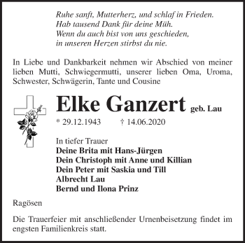 Traueranzeige von Elke Ganzert von Märkische Oderzeitung