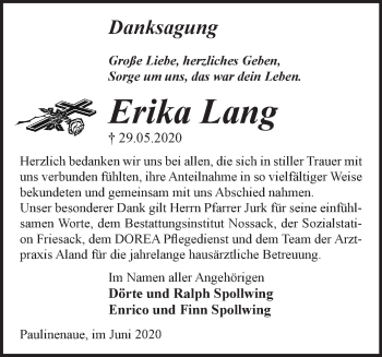 Traueranzeige von Erika Lang von Märkische Oderzeitung