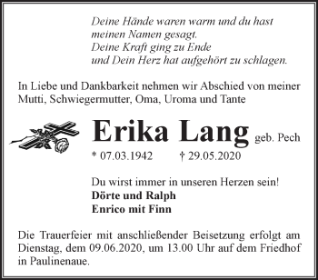 Traueranzeige von Erika Lang von Märkische Oderzeitung