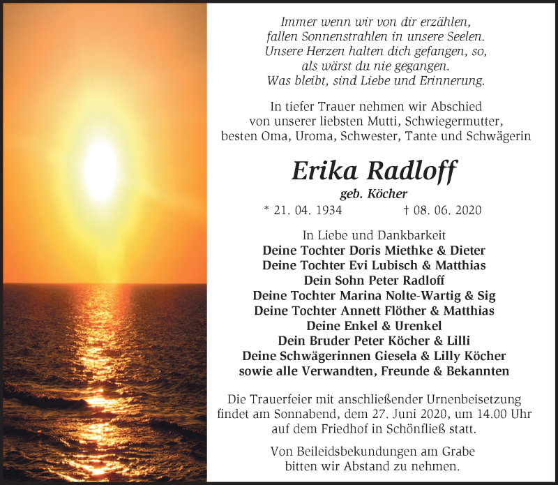  Traueranzeige für Erika Radloff vom 20.06.2020 aus Märkische Oderzeitung