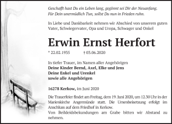 Traueranzeige von Erwin Ernst Herfort von Märkische Oderzeitung