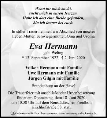 Traueranzeige von Eva Hermann von Märkische Oderzeitung