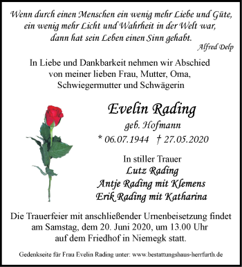 Traueranzeige von Evelin Rading von Märkische Oderzeitung