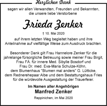 Traueranzeige von Frieda Zenker von Märkische Oderzeitung