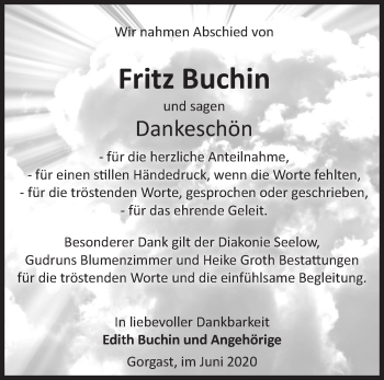 Traueranzeige von Fritz Buchin von Märkische Oderzeitung