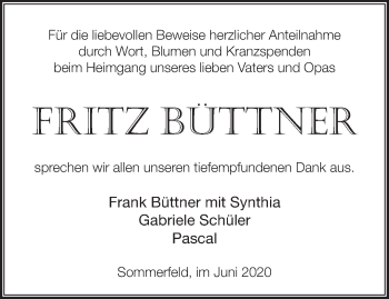 Traueranzeige von Fritz Büttner von Märkische Oderzeitung