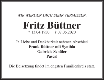 Traueranzeige von Fritz Büttner von Märkische Oderzeitung