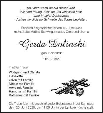 Traueranzeige von Gerda Dolinski von Märkische Oderzeitung