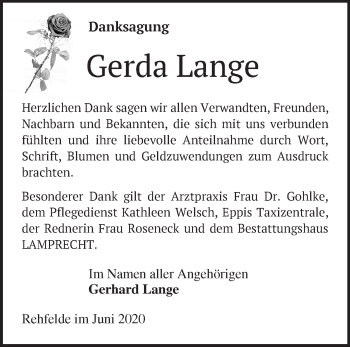 Traueranzeige von Gerda Lange von Märkische Oderzeitung