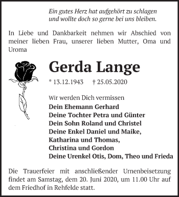 Traueranzeige von Gerda Lange von Märkische Oderzeitung