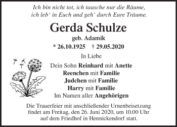 Traueranzeige von Gerda Schulze von Märkische Oderzeitung