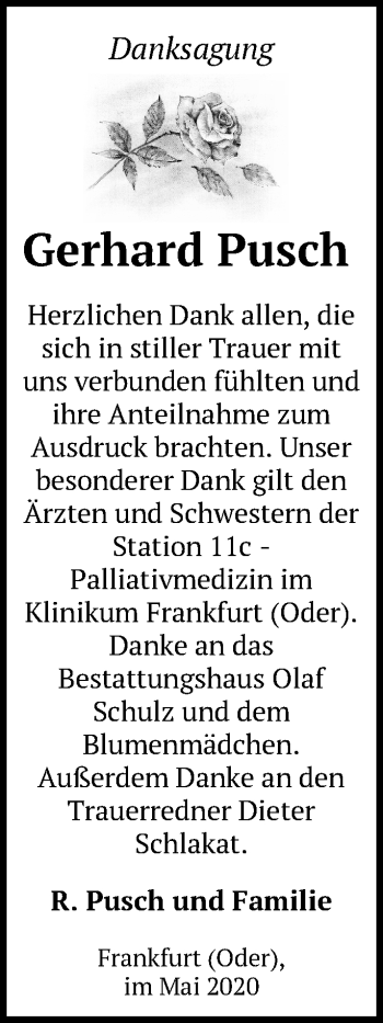 Traueranzeige von Gerhard Pusch von Märkische Oderzeitung