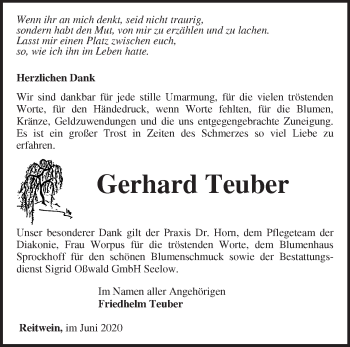 Traueranzeige von Gerhard Teuber von Märkische Oderzeitung