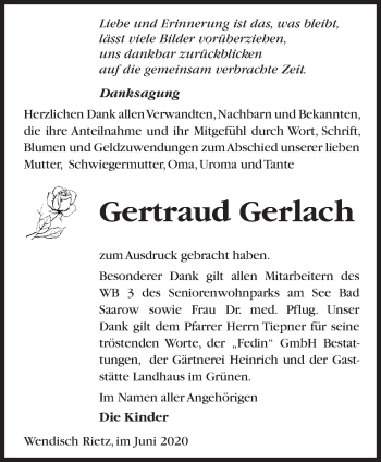 Traueranzeige von Gertraud Gerlach von Märkische Oderzeitung