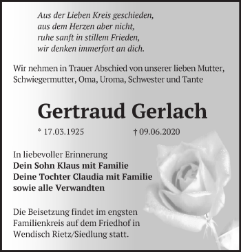 Traueranzeige von Gertraud Gerlach von Märkische Oderzeitung