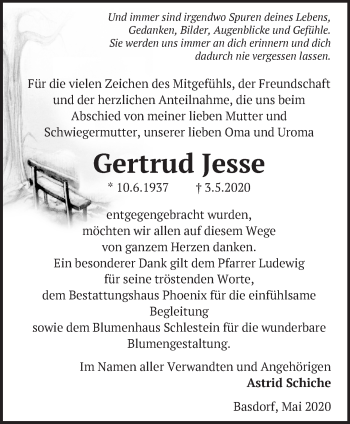 Traueranzeige von Gertrud Jesse von Märkische Oderzeitung