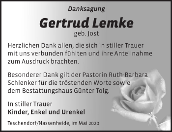 Traueranzeige von Gertrud Lemke von Märkische Oderzeitung